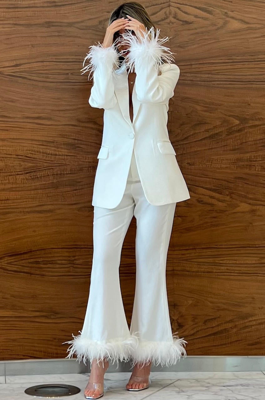 Lace Pants Set with Feathers, White