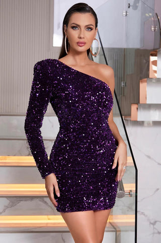 Dark Purple Sequin One Sleeve Mini Dress