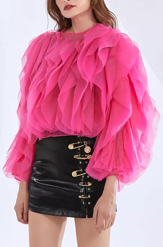 Rose Long Sleeve Tulle Ruffle Blouse