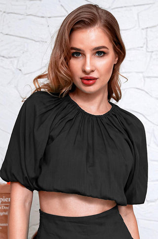 black puff sleeve open back ruffled crop top