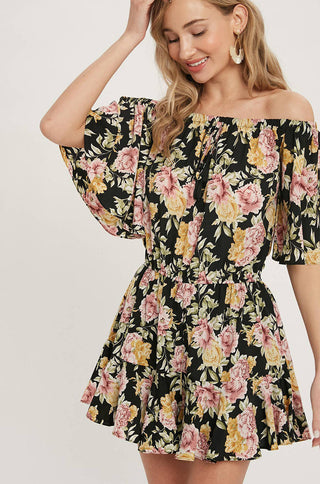 floral print short sleeve relaxed fit flare romper