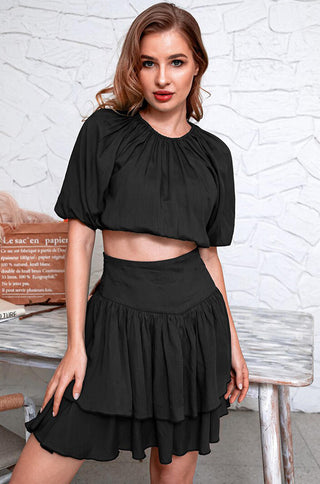 black ruffled lightweight high waist layered mini skirt