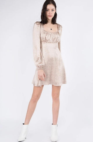 Beige satin puff sleeve A-line dress