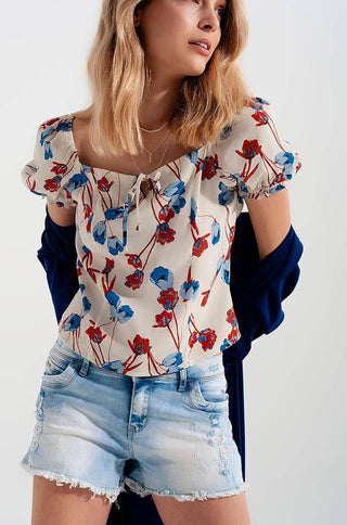 floral print puff sleeve top in ivory