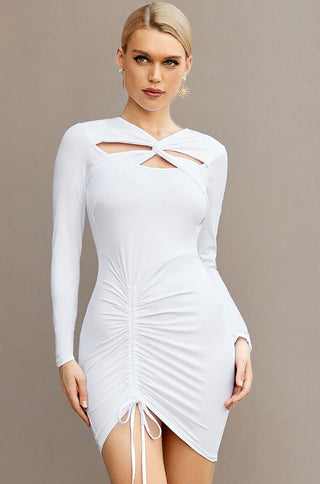 long sleeve cutout white ruched bodycon mini dress