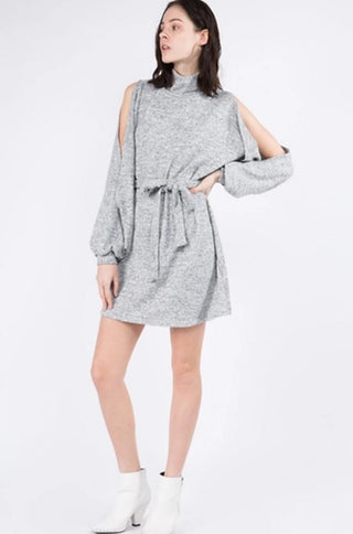 Cold Shoulder Hacci Dress in heather grey