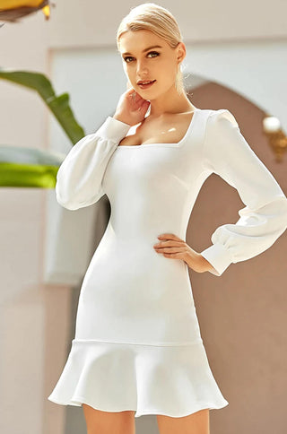 white bishop sleeve square neck mini dress