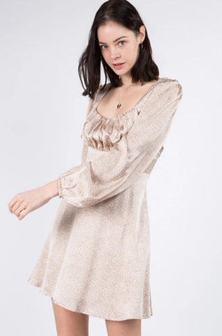 Beige satin puff sleeve A-line dress