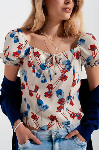 floral print puff sleeve top in ivory