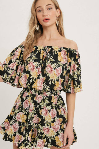 floral print short sleeve relaxed fit flare romper