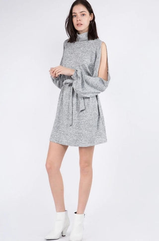 Cold Shoulder Hacci Dress in heather grey