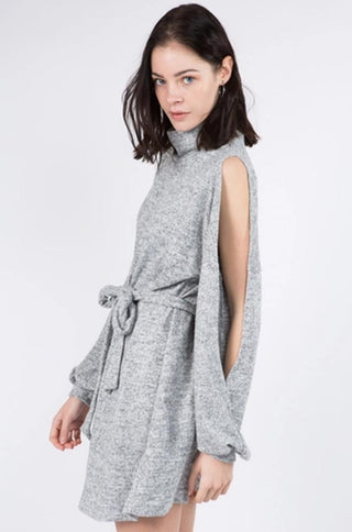 Cold Shoulder Hacci Dress in heather grey