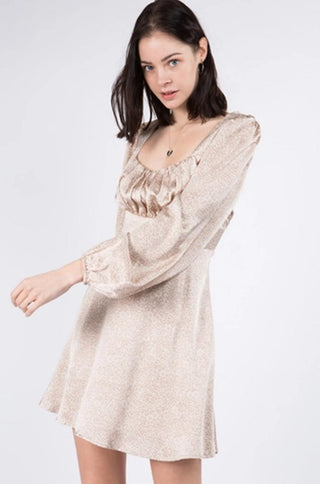 Beige satin puff sleeve A-line dress