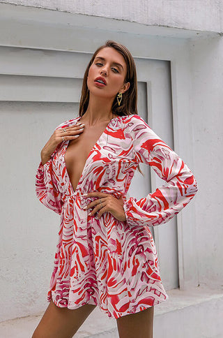 long sleeve printed plunging neckline mini dress