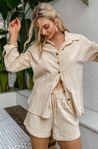 linen long sleeve shirt drawstring short two piece lounge set