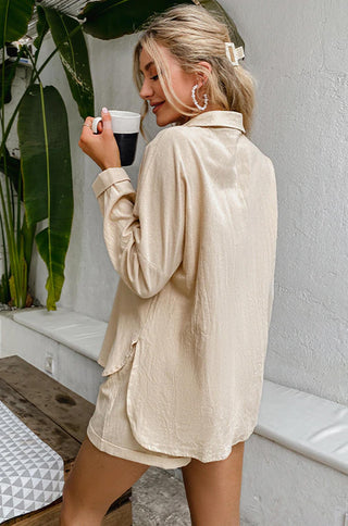 linen long sleeve shirt drawstring short two piece lounge set