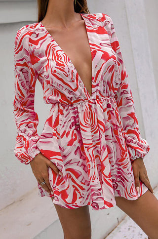 long sleeve printed plunging neckline mini dress