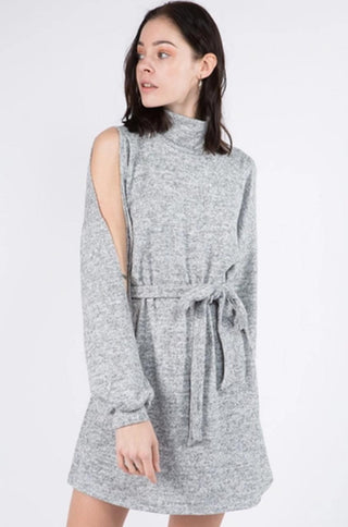 Cold Shoulder Hacci Dress in heather grey