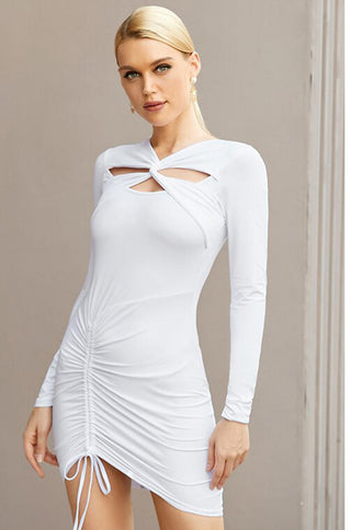 long sleeve cutout white ruched bodycon mini dress