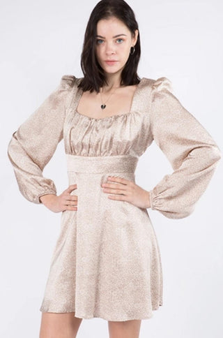 Beige satin puff sleeve A-line dress