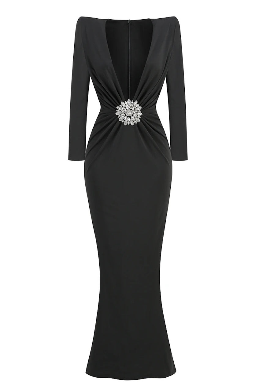 plunge neck dress with sleeves Black Ribbed Knit Plunge Neck Long Sleeve Midi Dress + Bralette
