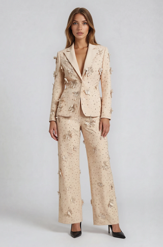 Aureline 3D Floral Embellished Cream Pantsuit