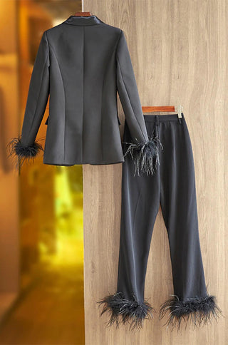 Black Feather Blazer Pants Set