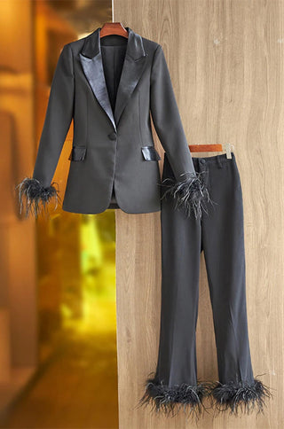 Black Feather Blazer Pants Set