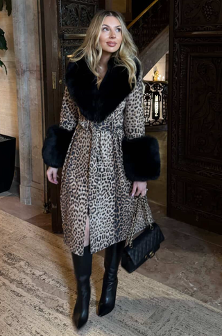 Leopard Print Genuine Leather Trench Coat