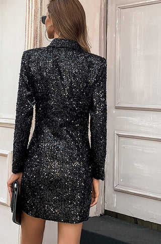 plunging neckline long sleeve black sequin blazer mini dress