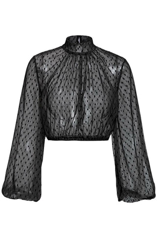 Black Sheer Mesh Polka-Dot Blouse