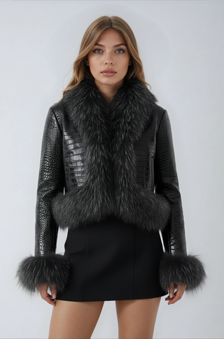 Black leather crop jacket with black raccoon fur trim