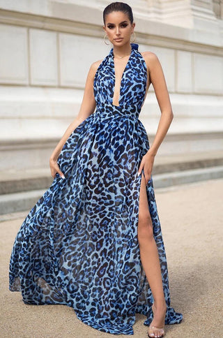 Blue Leopard Halter Neck High Slit Maxi Dress