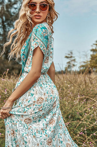 boho v-neck puff short sleeve maxi dress