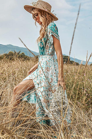 boho v-neck puff short sleeve maxi dress