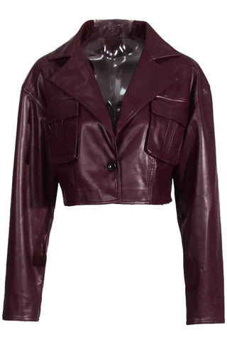 Burgundy Faux Leather Cropped Jacket