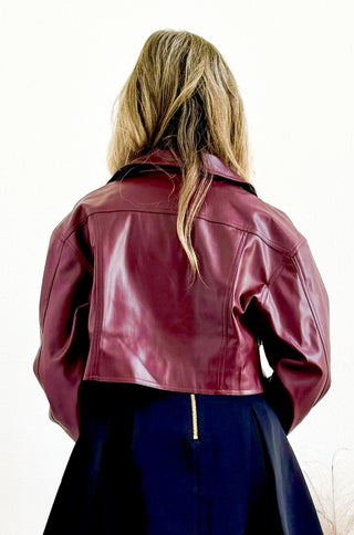 Burgundy Faux Leather Cropped Jacket