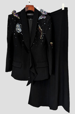 Nelya Butterfly-applique Embellished Blazer Pants Set