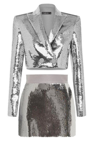 Clarette Cropped Sequin Blazer & Mini Skirt Set