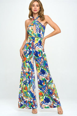 sleeveless cutout floral cross halter flare jumpsuit