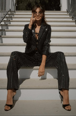 Crystal Pinstripe Blazer & Pleated Pants Set in Black