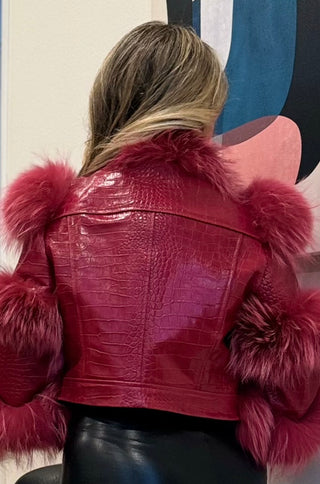 Della Fur Trim Crop Leather Jacket in Pomegranate