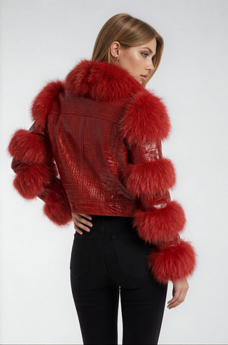 Della Fur Trim Crop Leather Jacket