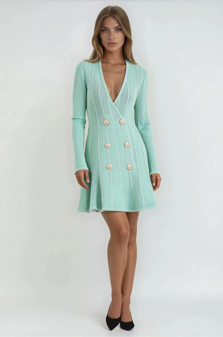 Elle Double Breasted Knit Skater Dress Aqua / L Elle Double Breasted Knit Skater Dress Aqua / L