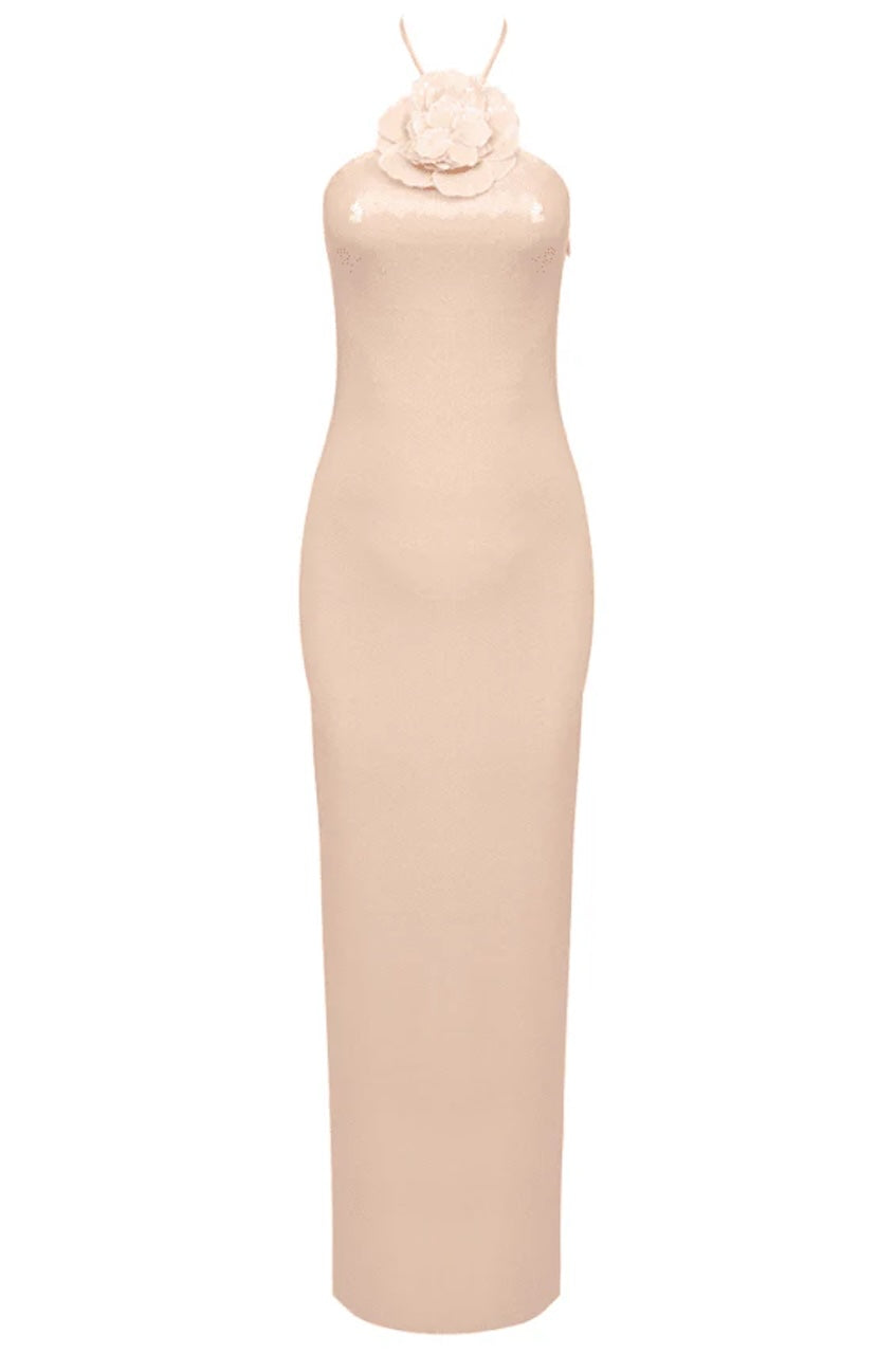 Emily Rosette Halter Sequin Maxi Dress Beige / M Emily Rosette Halter Sequin Maxi Dress Beige / M