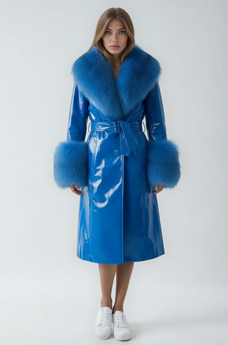 Faux Fur Collar Genuine Patent Leather Trench Coat