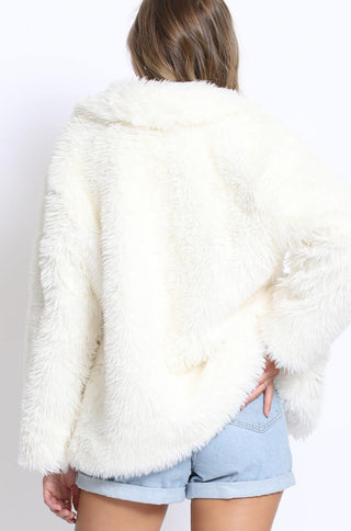 collared long sleeve teddy faux fur zip jacket