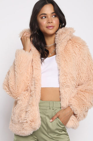 collared long sleeve teddy faux fur zip jacket