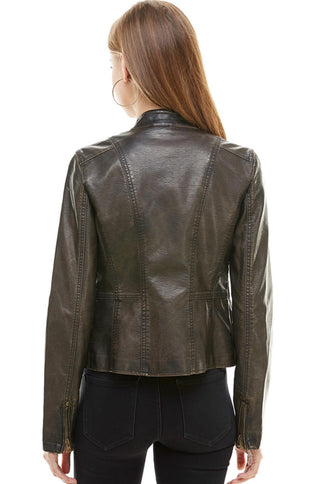 round neck long sleeve golden zipper faux leather motorcycle jacket