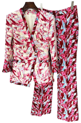 Feather-Print Collarless Blazer & Pants Set